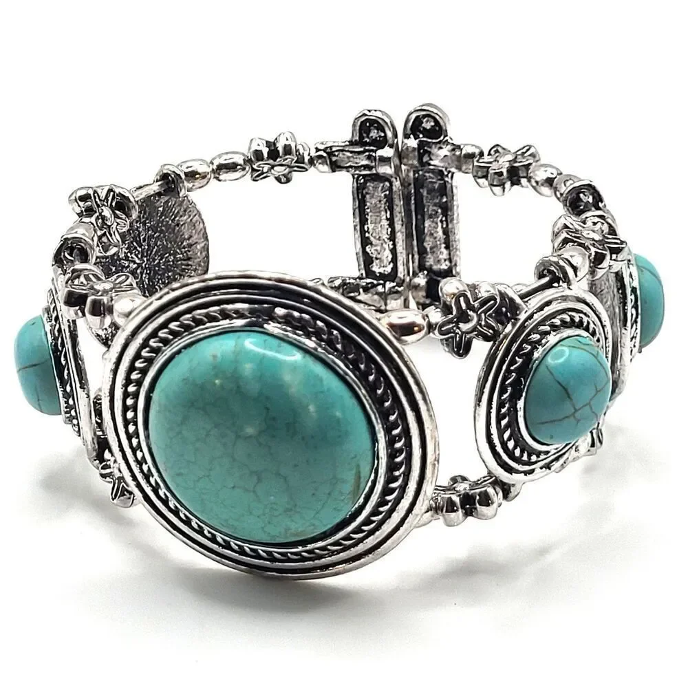Vintage Southwestern Bohemian Turquoise Acrylic Silver Chunky Bangle Bracelet 8
